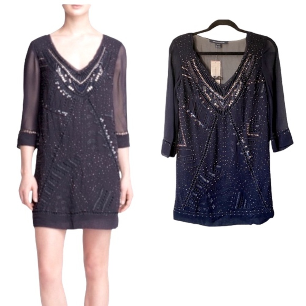 French Connection Dress Size 2 Navy Evissa Beaded Embellished Cocktail Formal